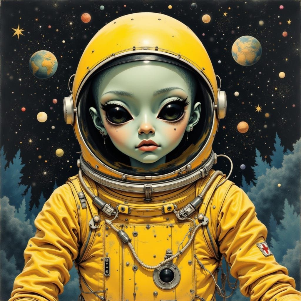 Melancholy Alien in Yellow Spacesuit in Space