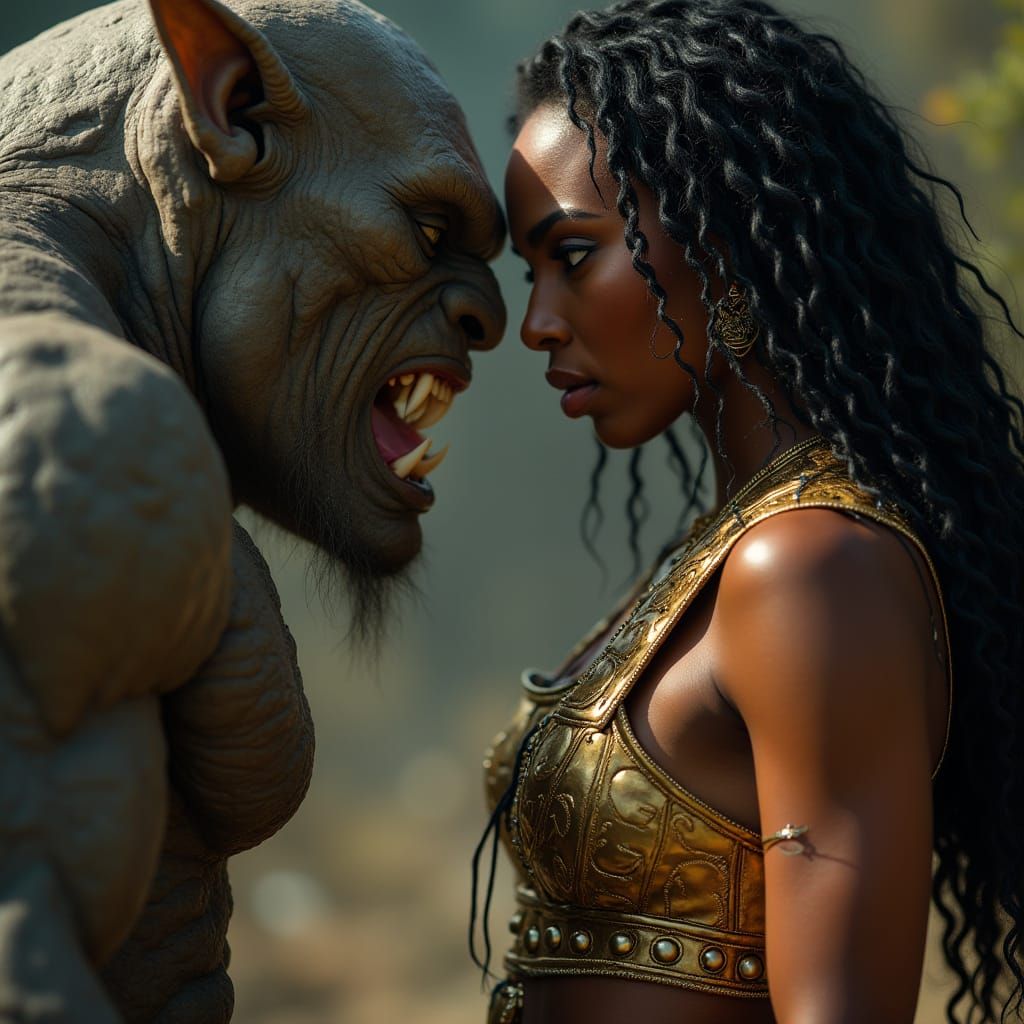Regal Warrior Goddess in Gold Armor Faces Fierce Gray Ogre