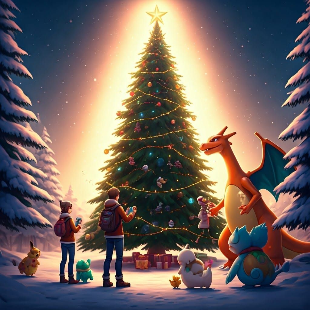 Joyful Pokémon Christmas Gathering in Vibrant Winter Wonderl...