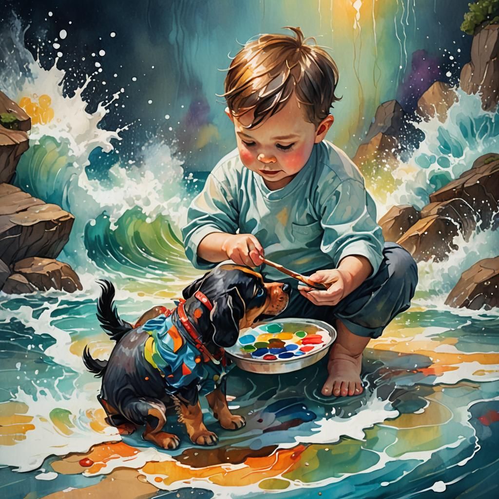 Baby Boy Paints Dog in Vibrant Fantasy Scene