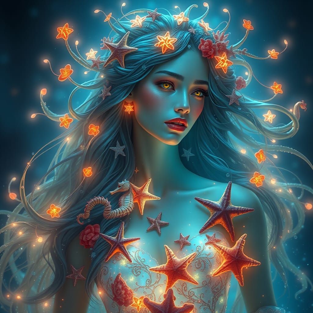Glowing Ocean Portrait in Art Nouveau Style