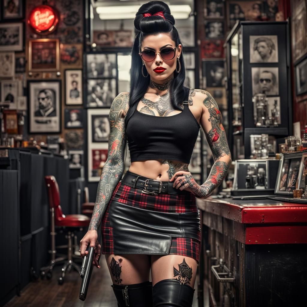 Rockabilly Woman in Tattoo Shop, Hyperrealistic