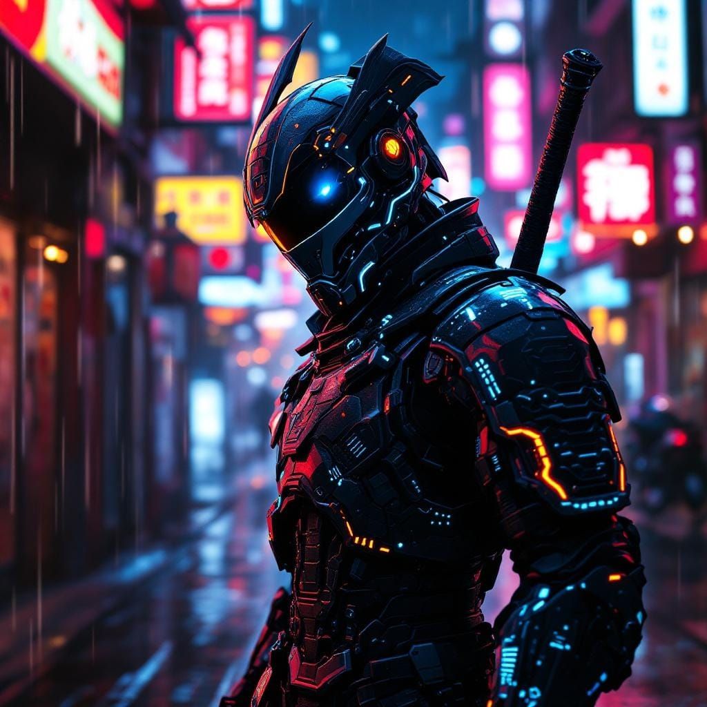 Cyberpunk Samurai in Neon Alley, Hyper-Realistic