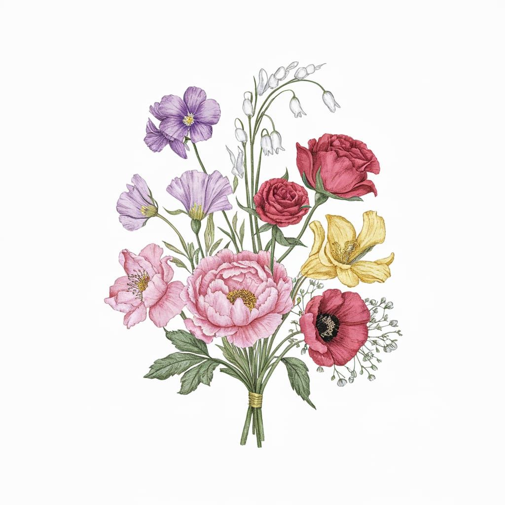 Hand-Drawn Flower Bouquet with Roses and Poppies