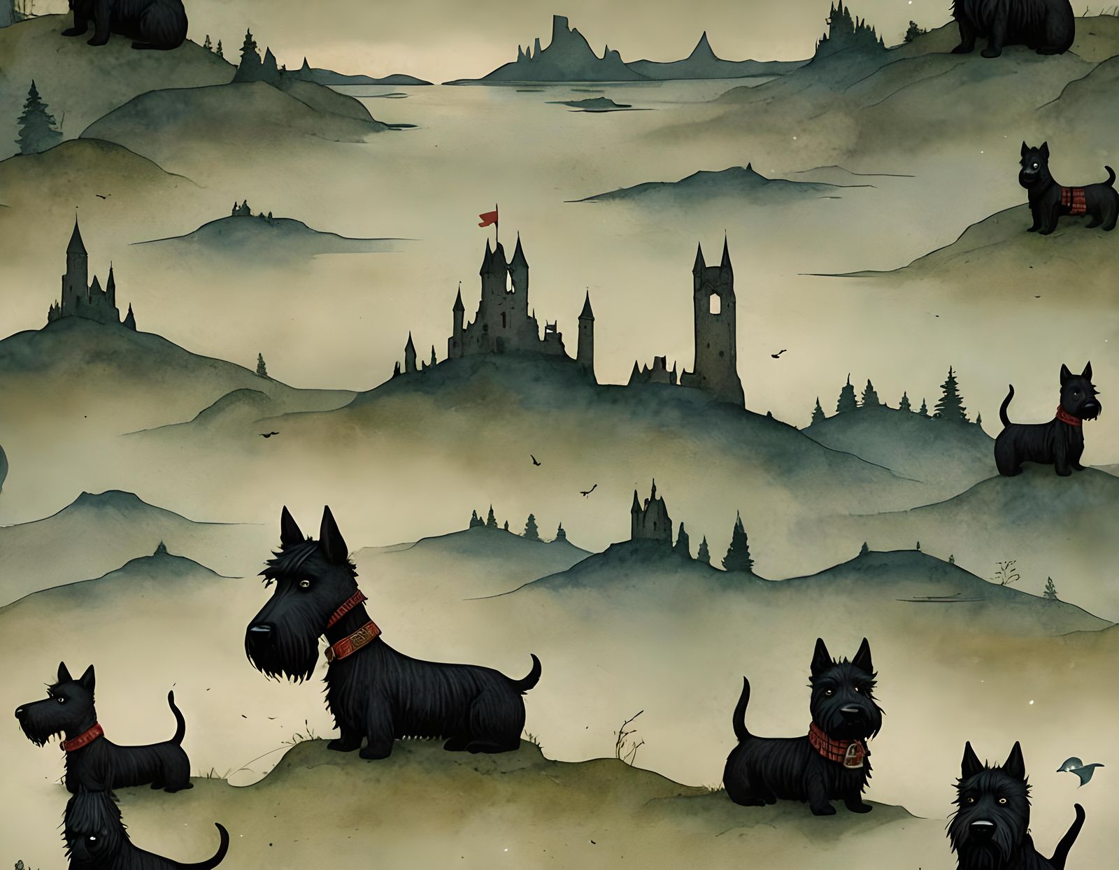 Whimsical Scottish Terrier with Ale at Loch Ness