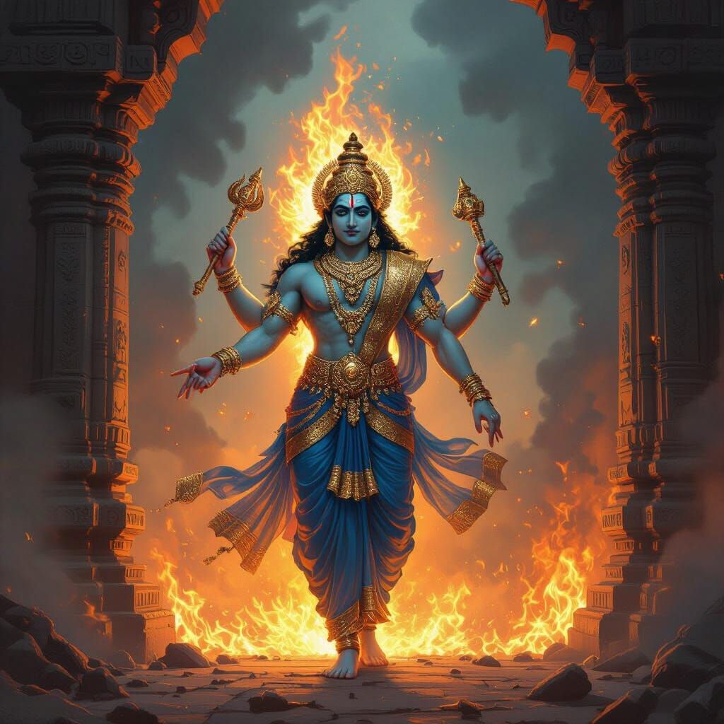Vishnu Battles Ravana in Fiery Temple, Classical Style