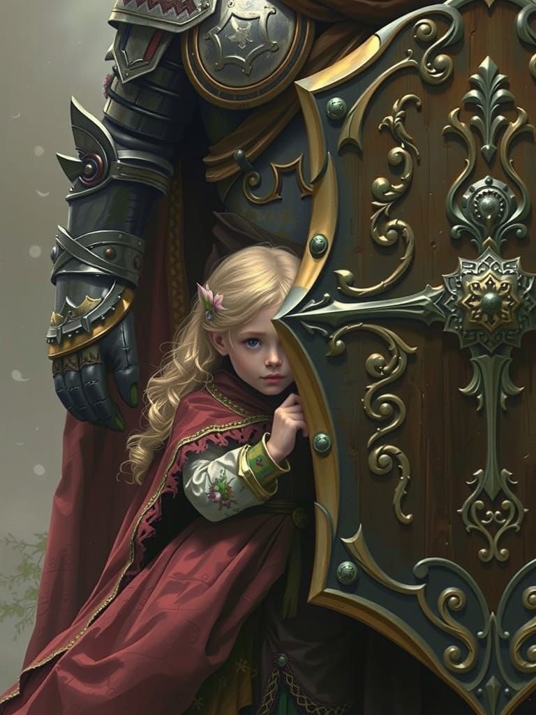 Child Princess and Knight in Ornate Shield Cloak