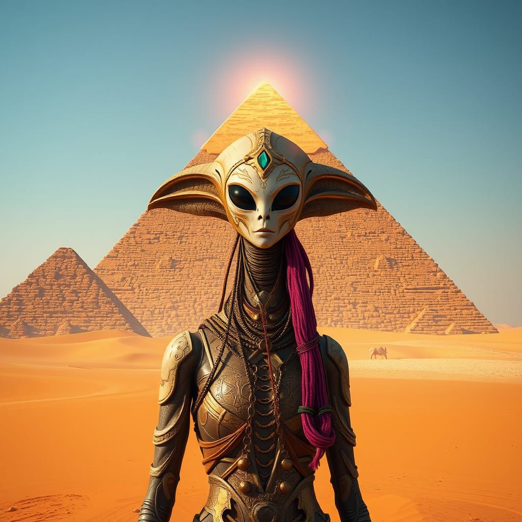 Regal Alien Figure Beside Ancient Egyptian Structure