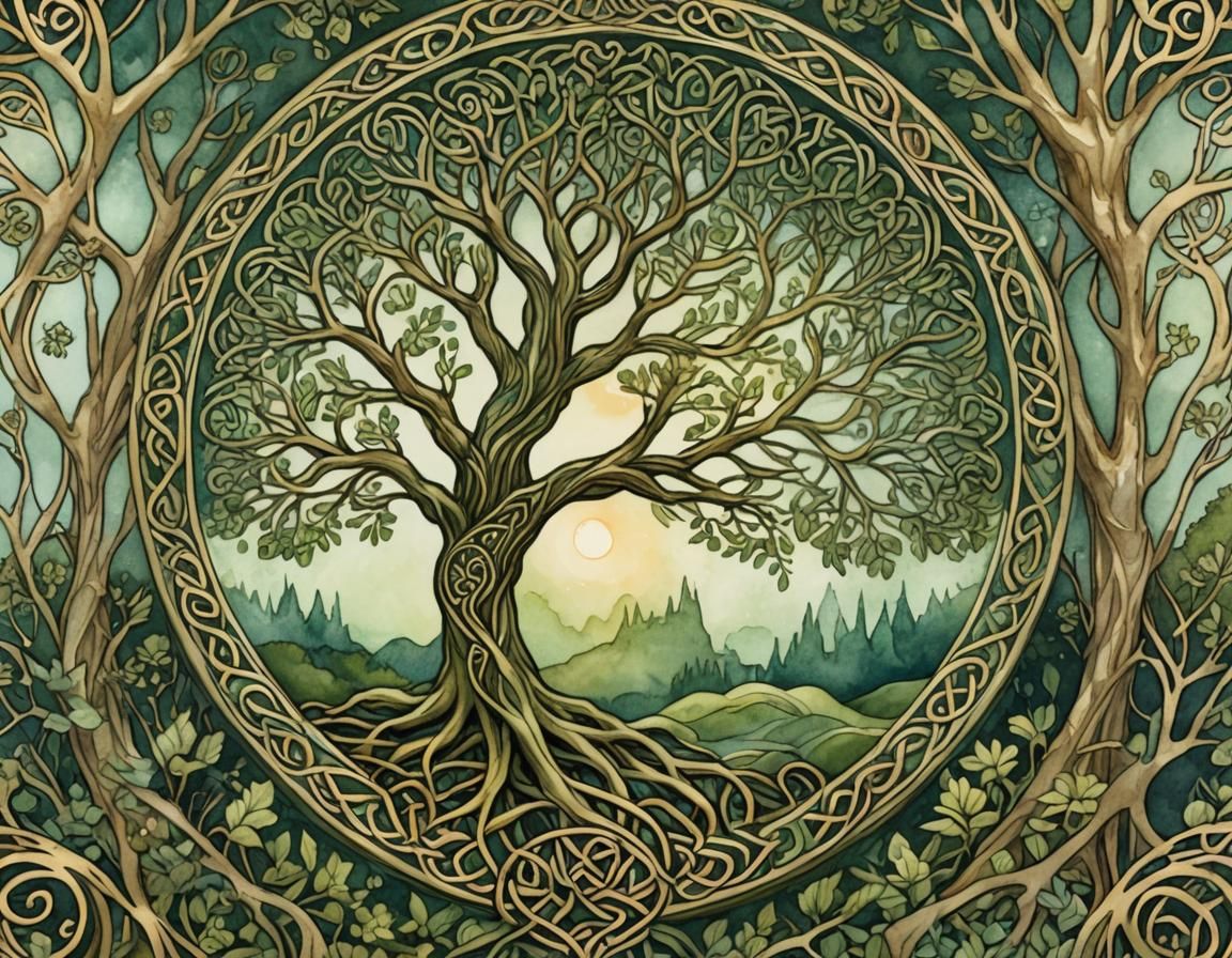 Celtic Tree of Life in Art Nouveau Watercolor