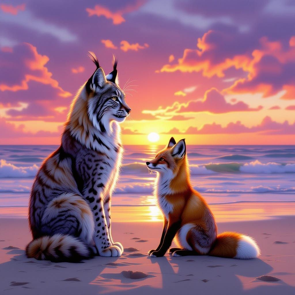 Lynx and Fox on Beach at Sunset