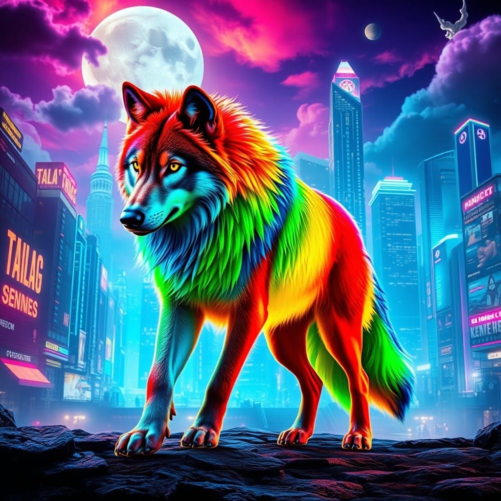 Rainbow Wolf in Vibrant Surreal Futuristic City