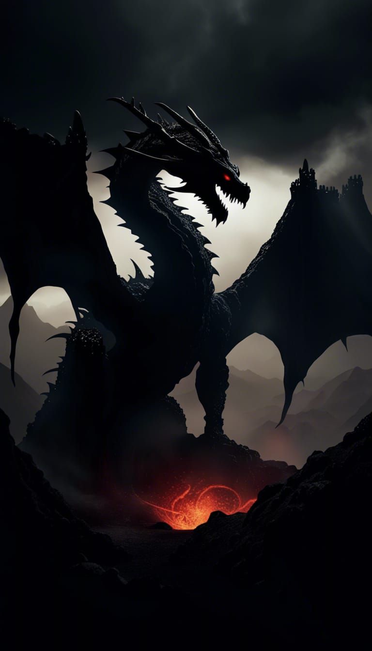 Macabre Void Dragon Silhouette in Volcanic Valley