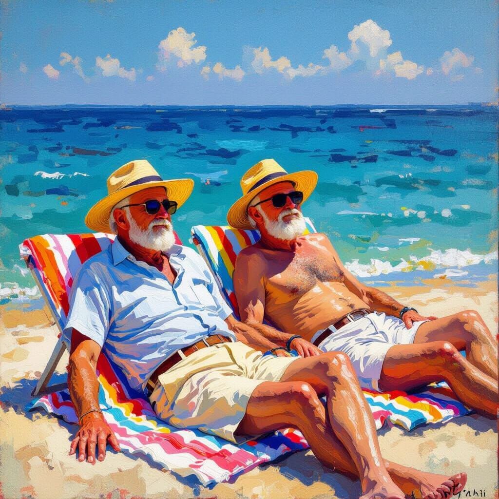 Impressionistic Seaside: Two Men Sunbathing