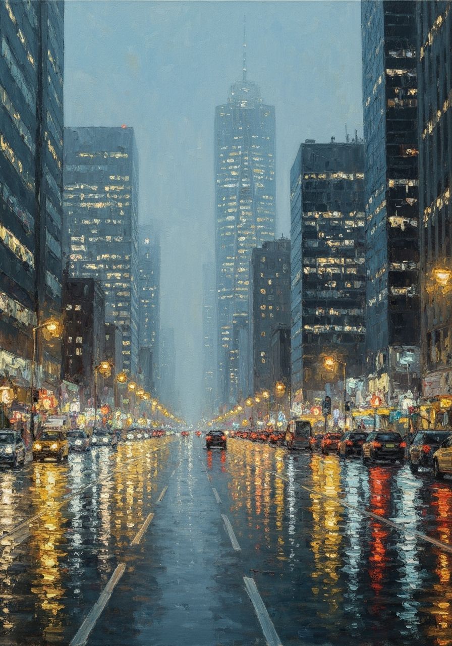 Foggy City Night Lights Spill Like Gold, Impressionist Oil P...
