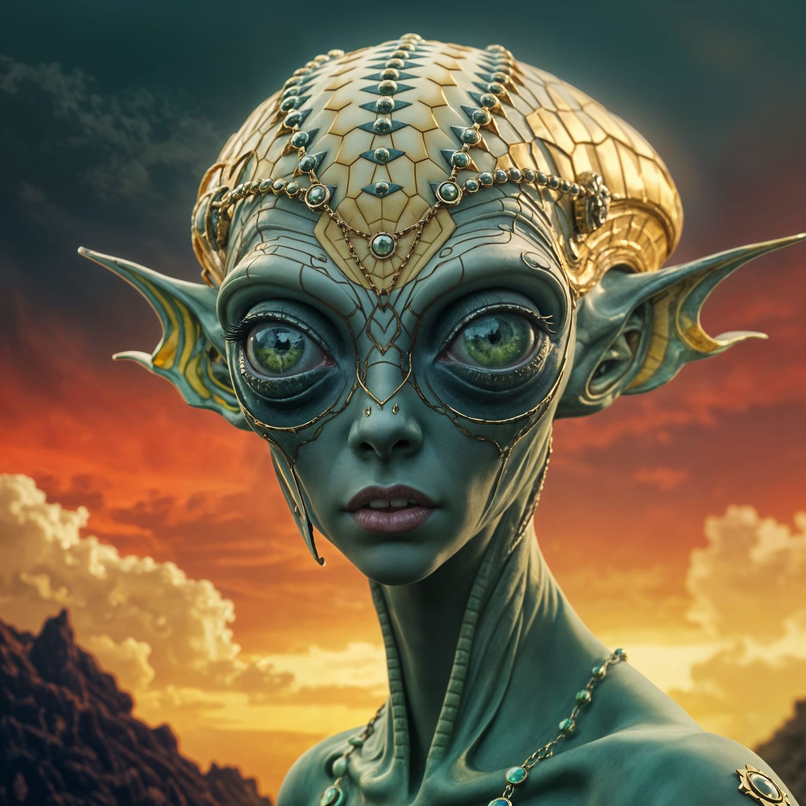 Alien Goddess Radiates Elegance Under Sulphurous Skies