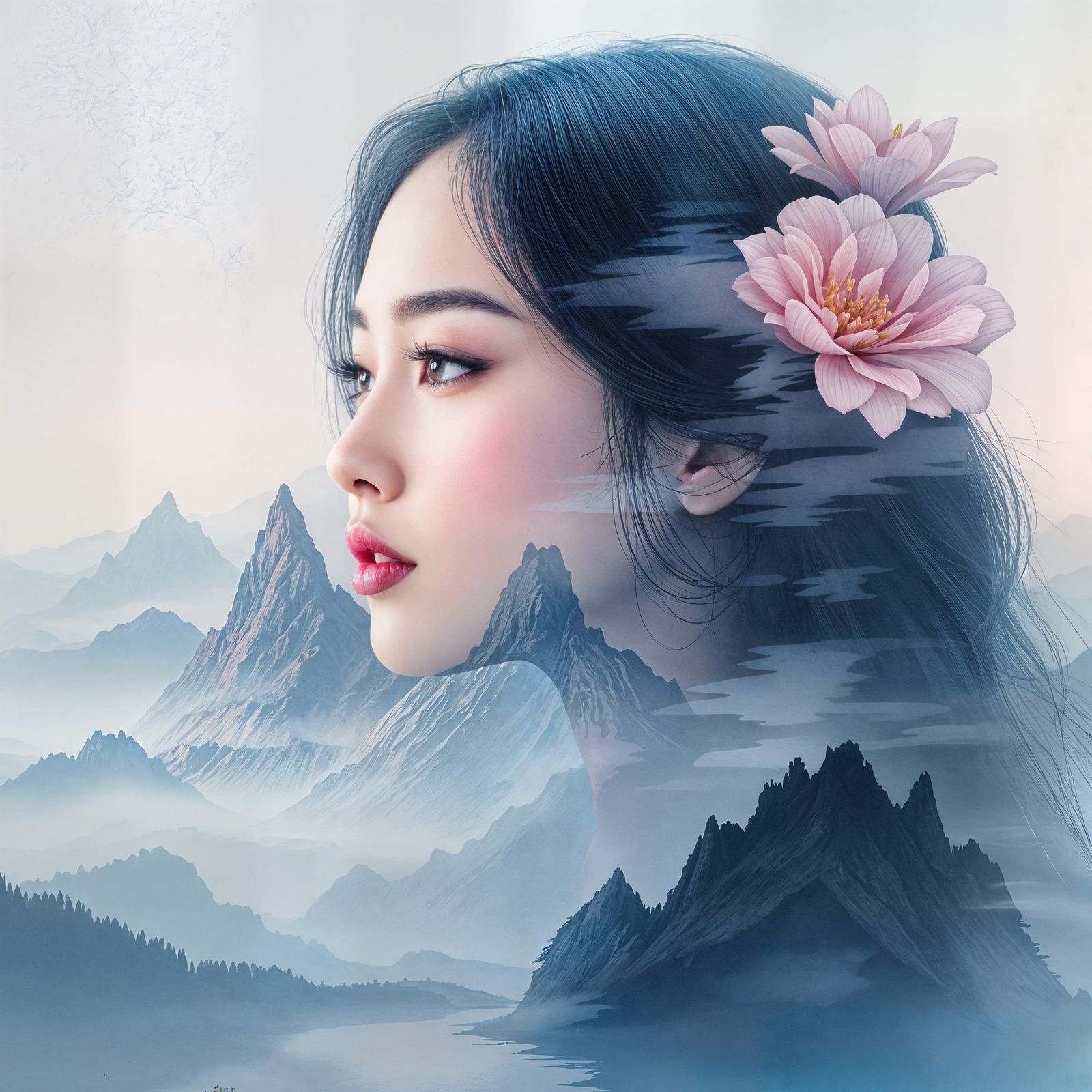 Surreal Mountain Goddess Dissolves into Ethereal Landscape