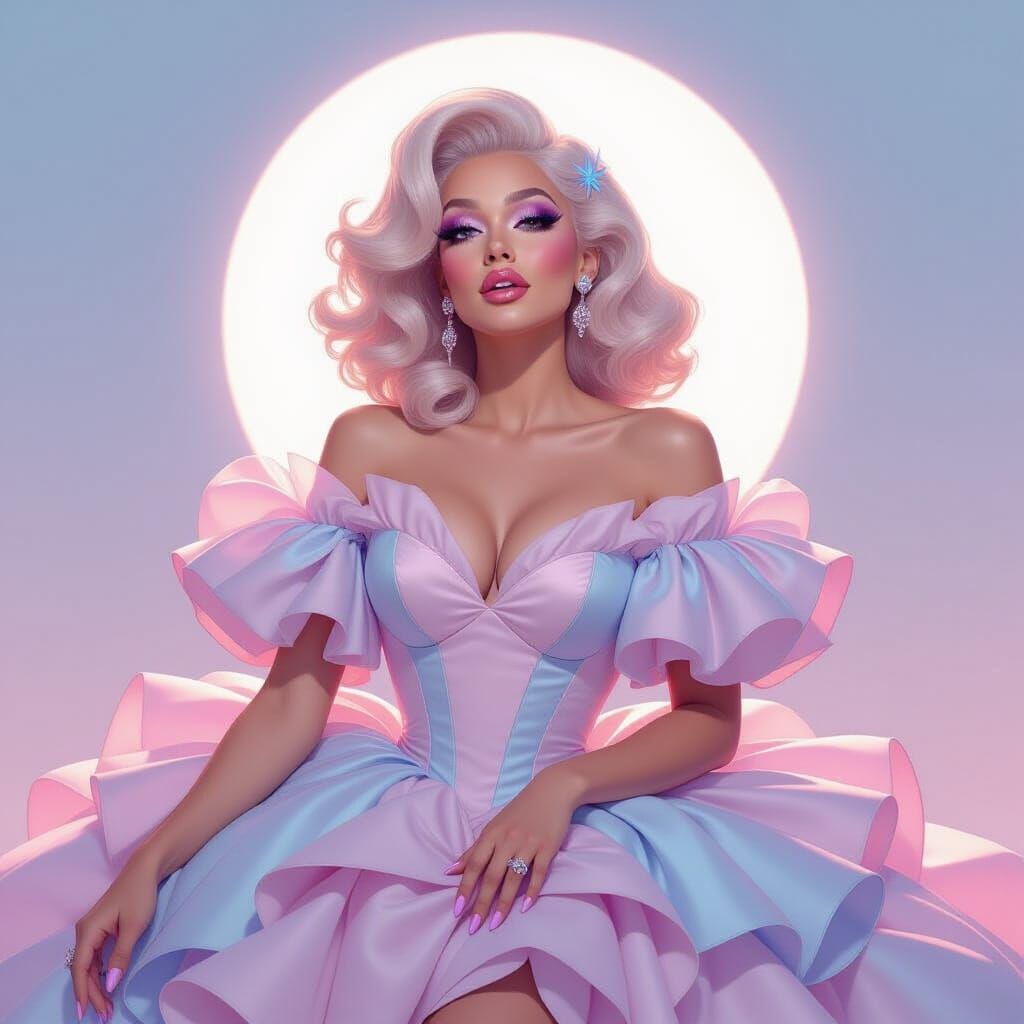 Pastel Drag Queen in Tulle Dress, Digital Art Style