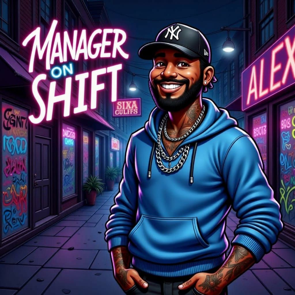 Young Man in Neon Alley, Cartoon Style