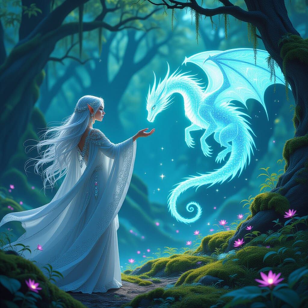 Elven Woman Reaches for Spectral Dragon in Bioluminescent Fo...