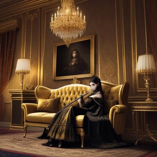 Young Gothic Girl Playing Flute in Lavish Room