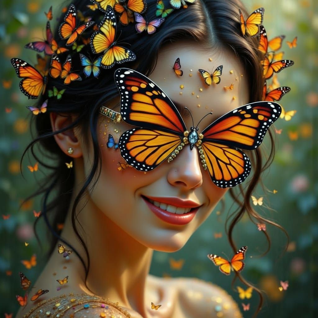 Butterfly Woman in Radiant Glass Art Style