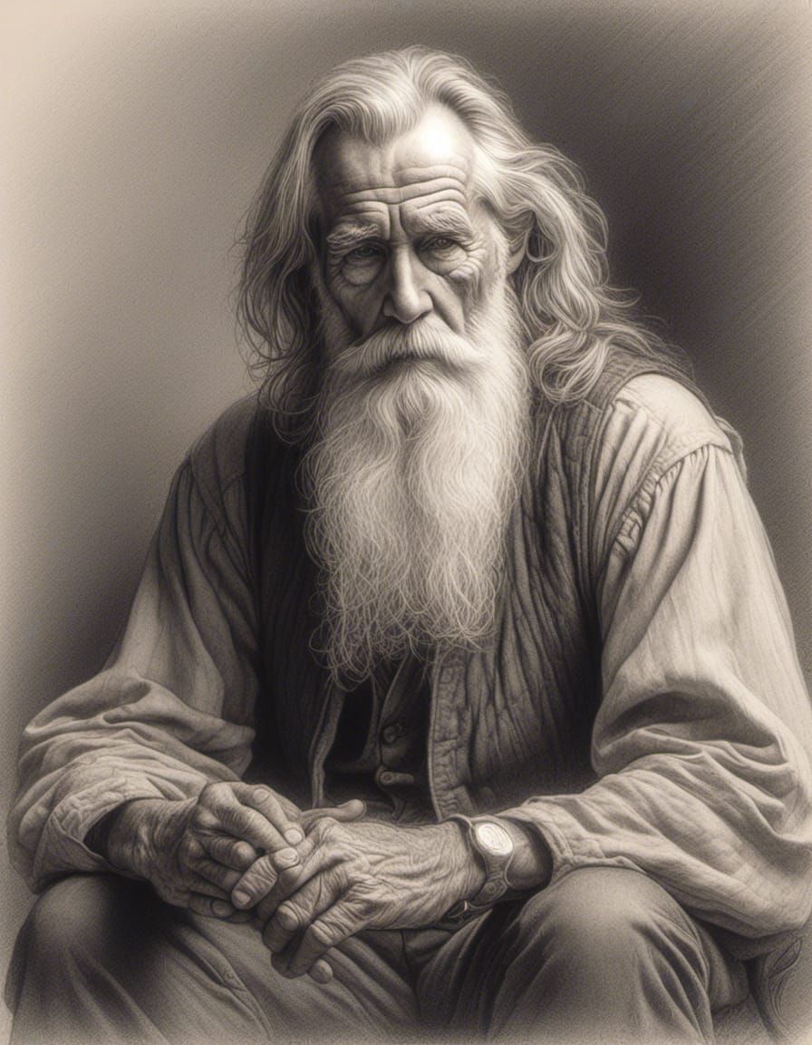 Older man with a long, flowing beard and thoughtful expression, seated with hands clasped, head slightly bowed,  hyper r...