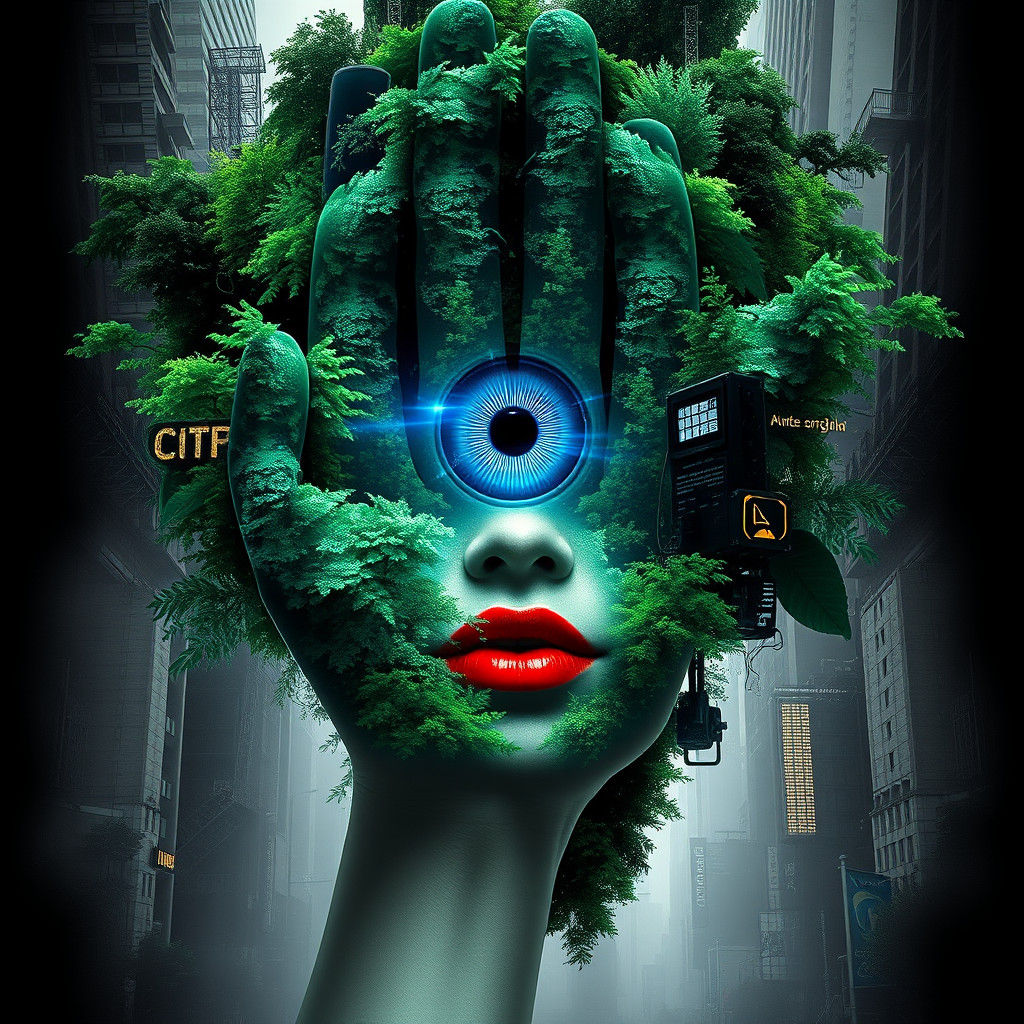 Surreal Face Merging with Nature, Futuristic Digital Art