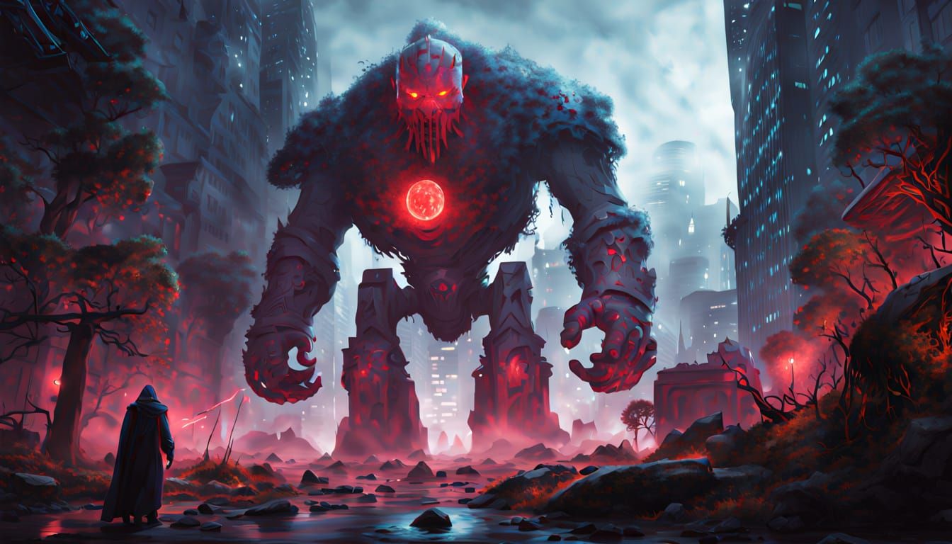 Ancient Golem Guards Futuristic City in Dark Fantasy Art