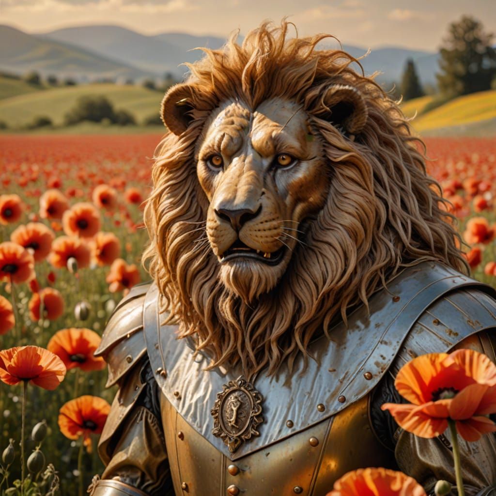 Cowardly Lion and Friends in a Vibrant Field of Poppies
