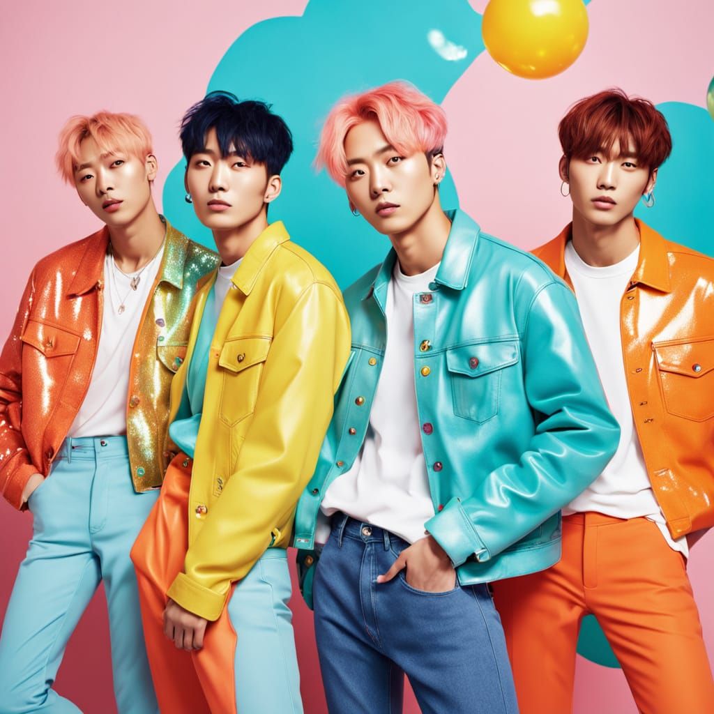 Vibrant K-Pop Boy Group in Colorful Bubbles