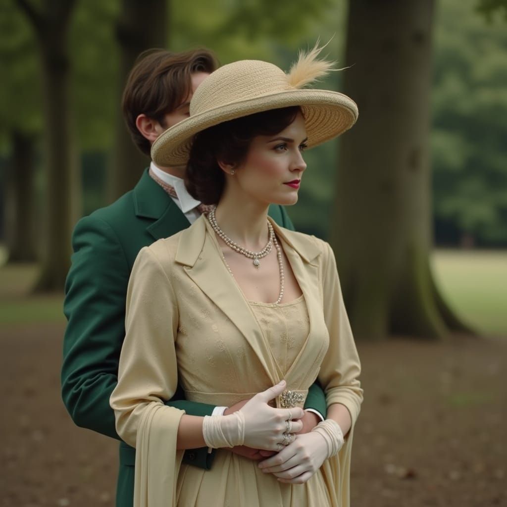 Art Deco, Lady Mary Crawley (Michelle Dockery) in a Frederick Worth gown, standing in Hyde Park in 1930s England. She is...