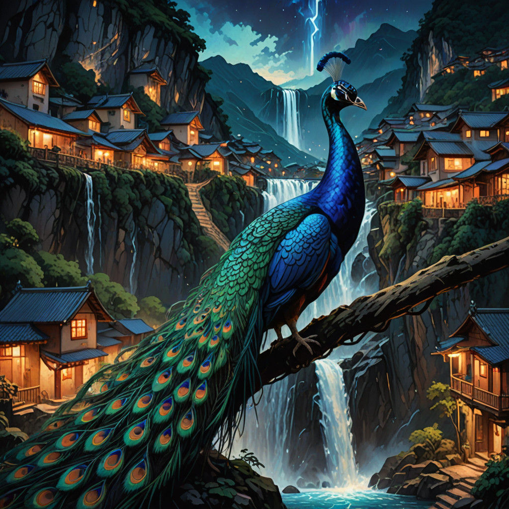 Peacock's Nighttime Majesty in Hyperrealistic Splendor