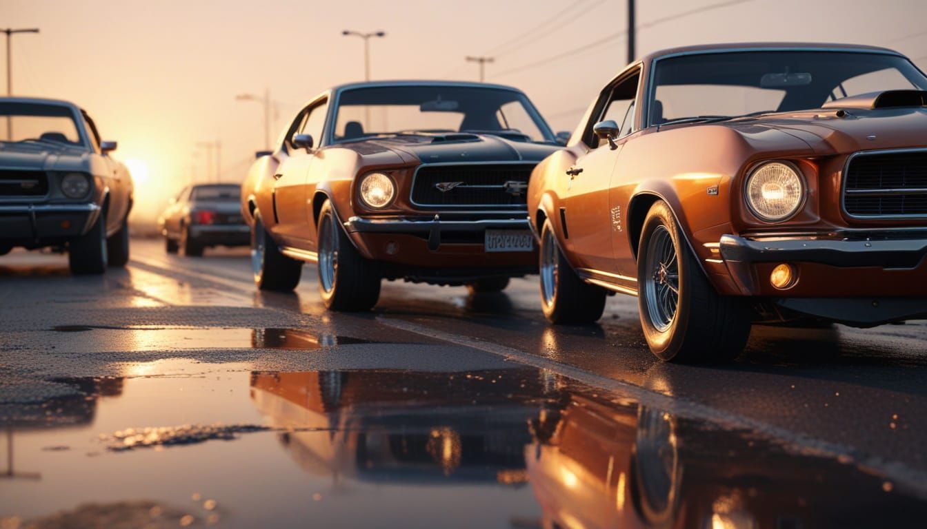 Classic Muscle Cars on Highway at Sunset in Photorealistic S...