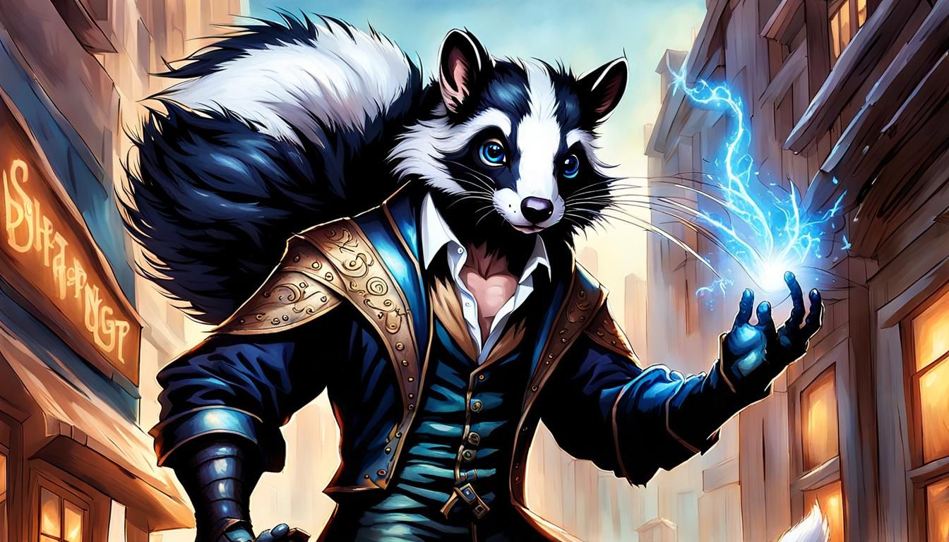 an anthropomorphic bipedal male skunk mage standing up straight, his left hand is held over his head while sparks of lig...