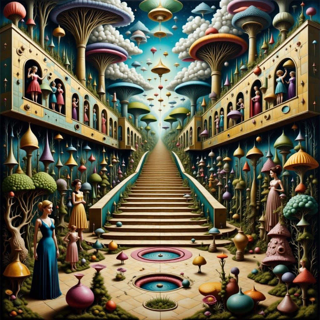 Surreal Stairwell Between Dimensions in Industrial Building