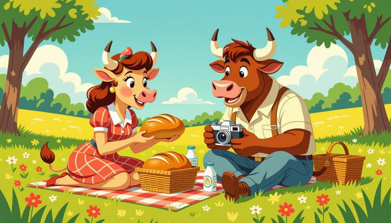 1950s Bull Family Picnic in Sunny Meadow