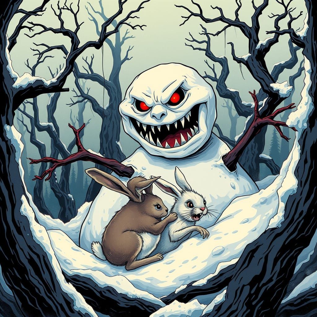 Menacing Snowman Devours Frightened Rabbit in Haunting Winte...