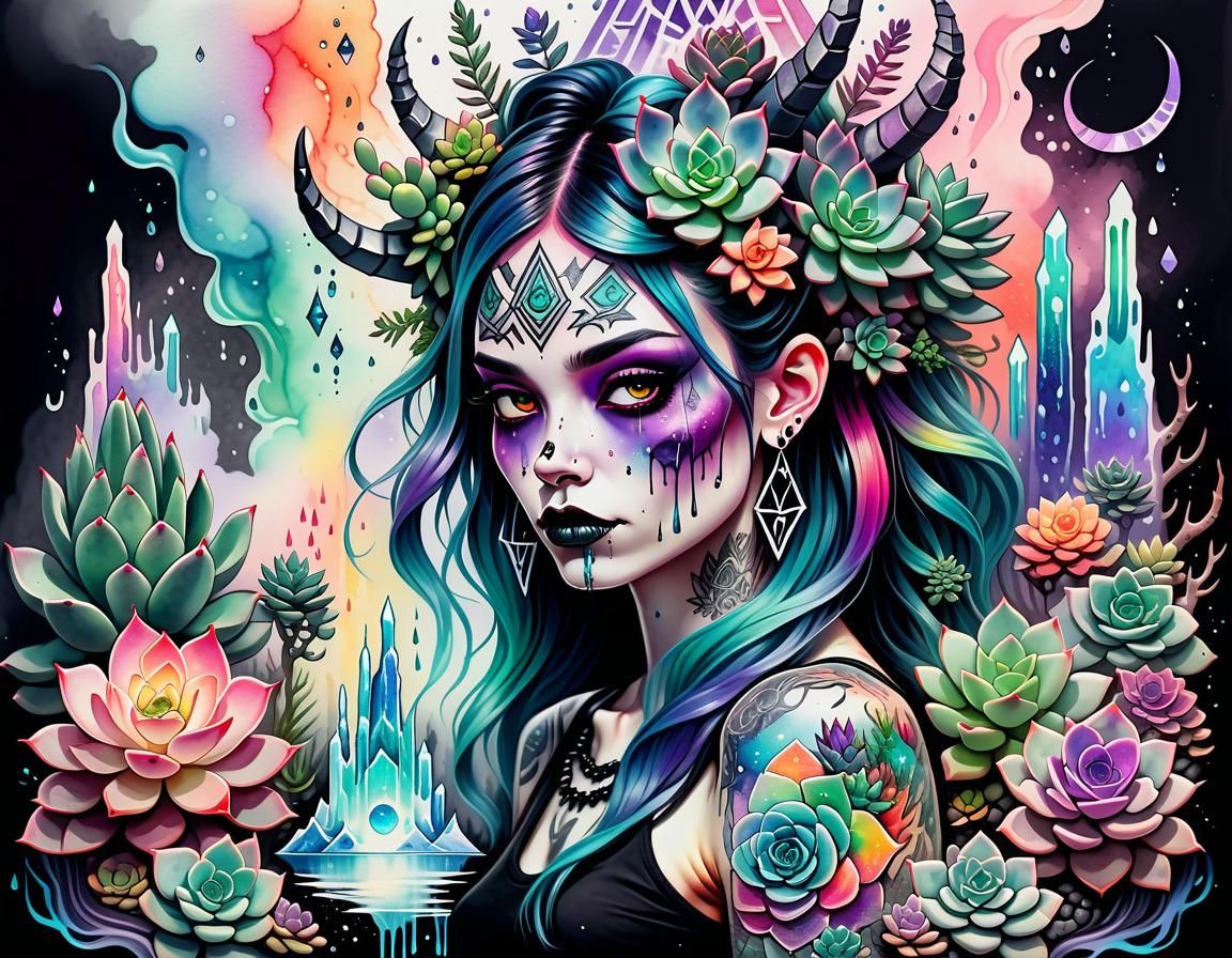 Pastel Goth Demoness with Succulents and Runes