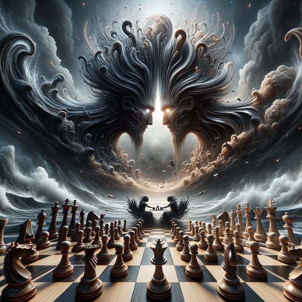 Surreal Chess Battle: King vs Queen in Stormy Sky
