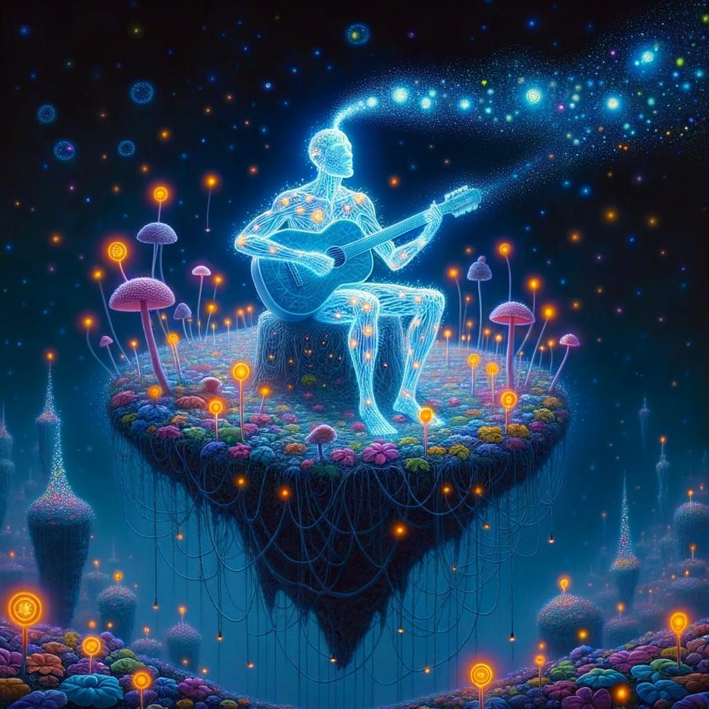 Ethereal Luminous Figure Plays Music on Floating Island