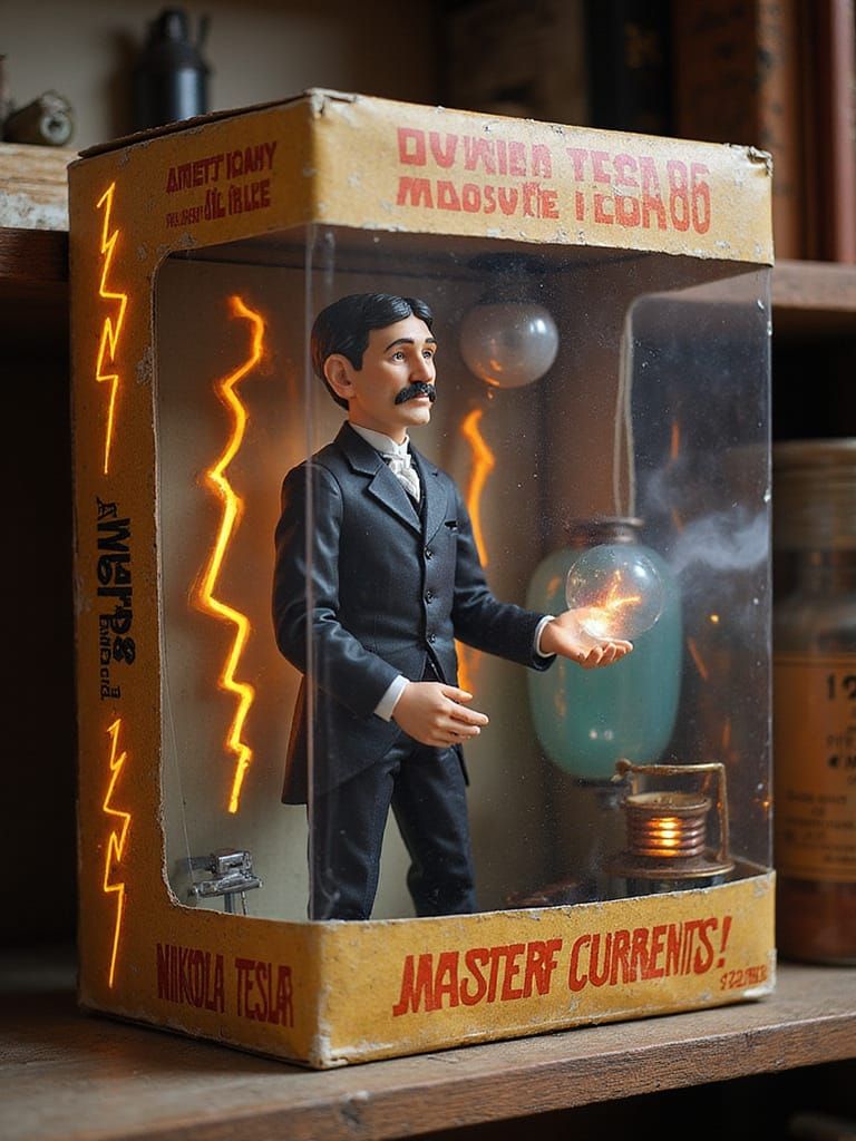 Vintage Nikola Tesla Action Figure in Retro-Style Packaging
