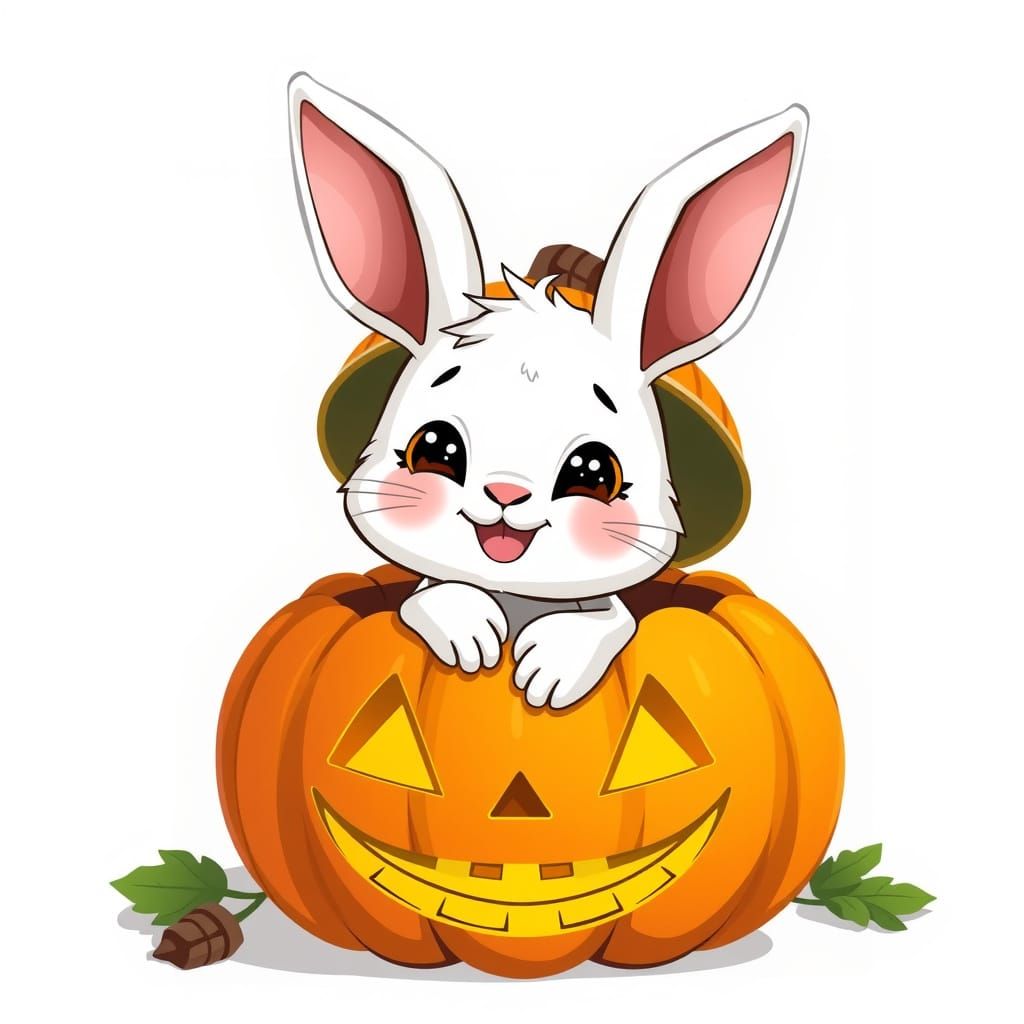 Chibi Rabbit Emerges From Jack-o-Lantern With Lid Stuck
