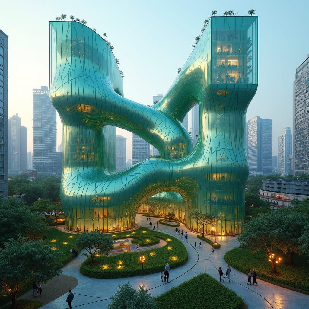Twisted Futuristic Office Towers in a Bustling Urban Landsca...
