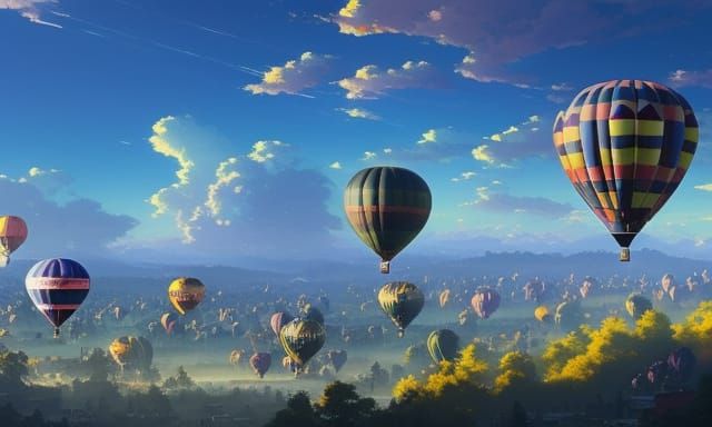 Colorful Hot Air Balloons Over Hill City: Anime Style