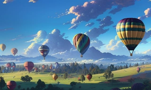 Colorful Hot Air Balloons Over Hill City: Anime Style