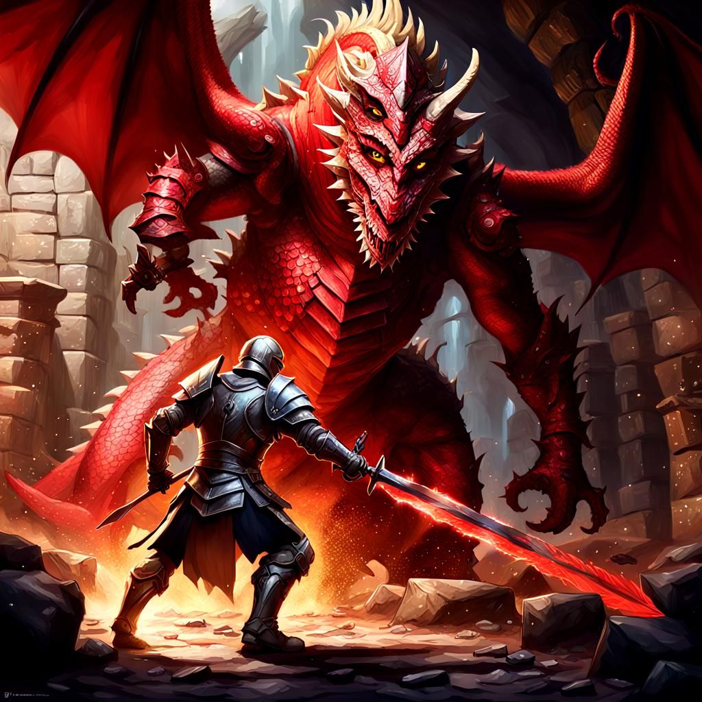 Paladin Battles Red Dragon in Treasure Cave