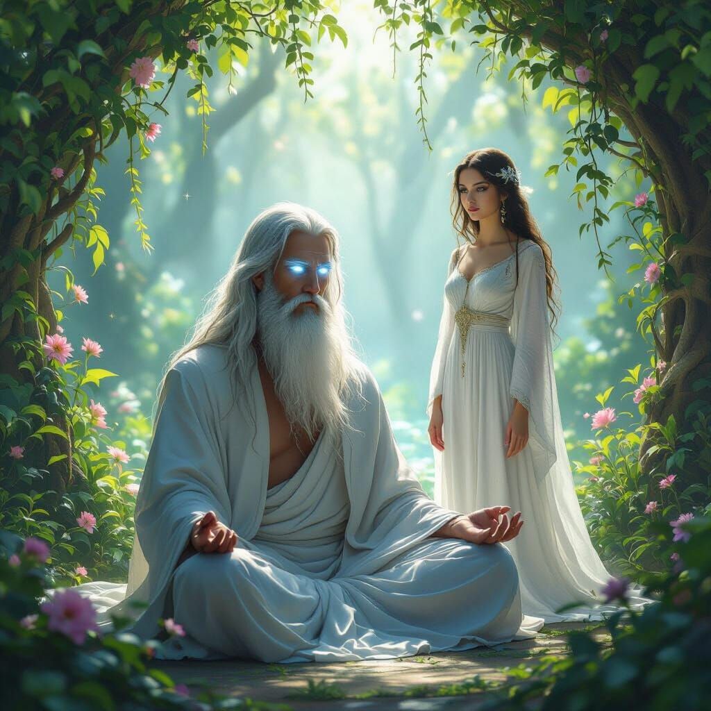 Mystic Sage and Devoted Woman in Ethereal Garden of Eden