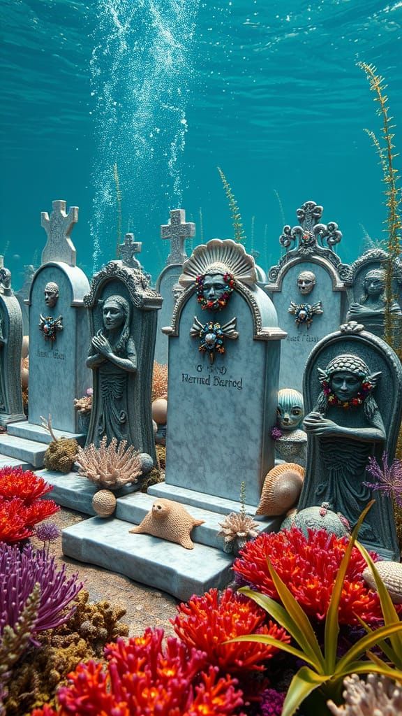 Underwater Mermaid Graveyard with Coral Monuments