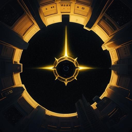 Golden Cosmic Odyssey: Spaceship in Starry Expanse