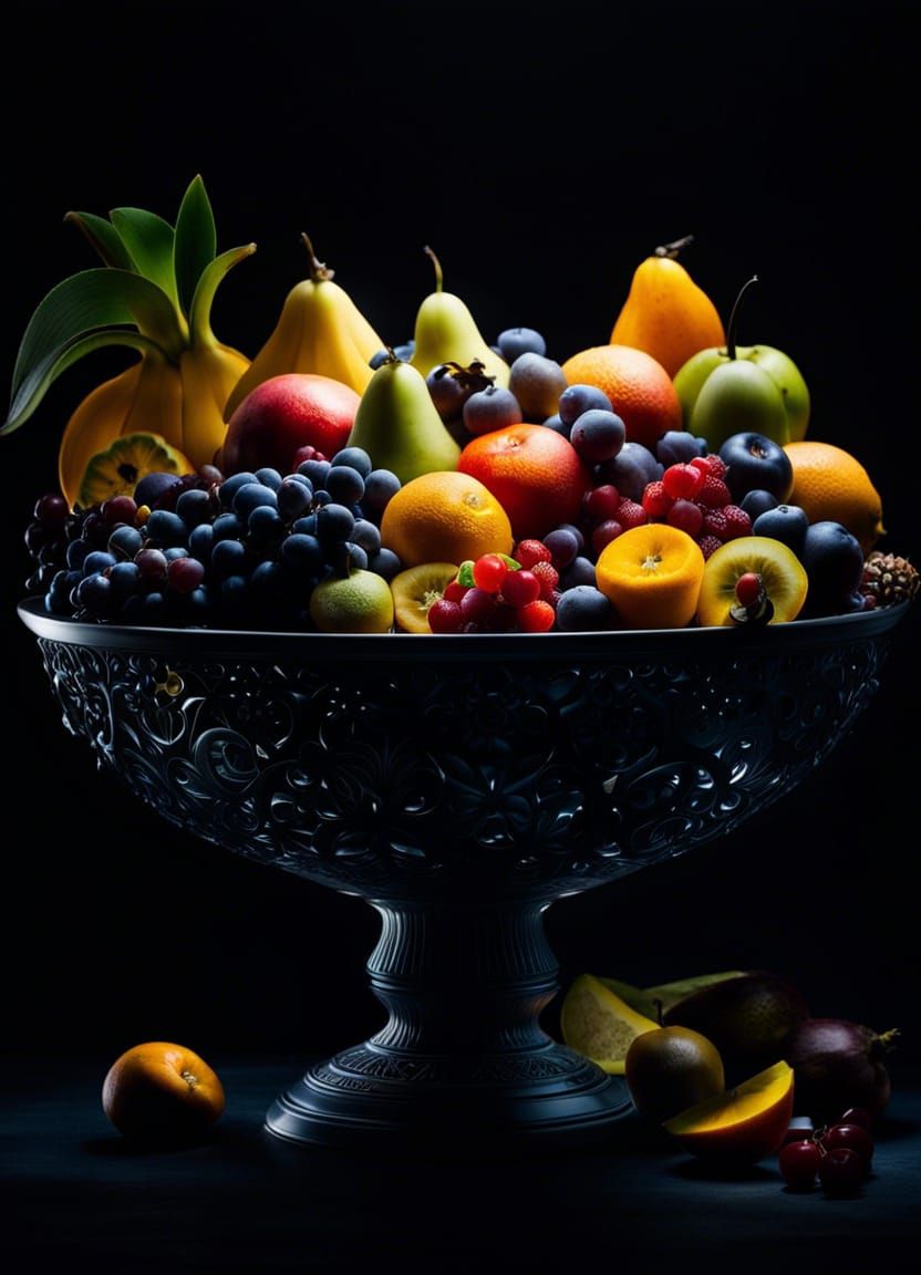 Exotic Fruit Bowl Still Life with Bioluminescent Light